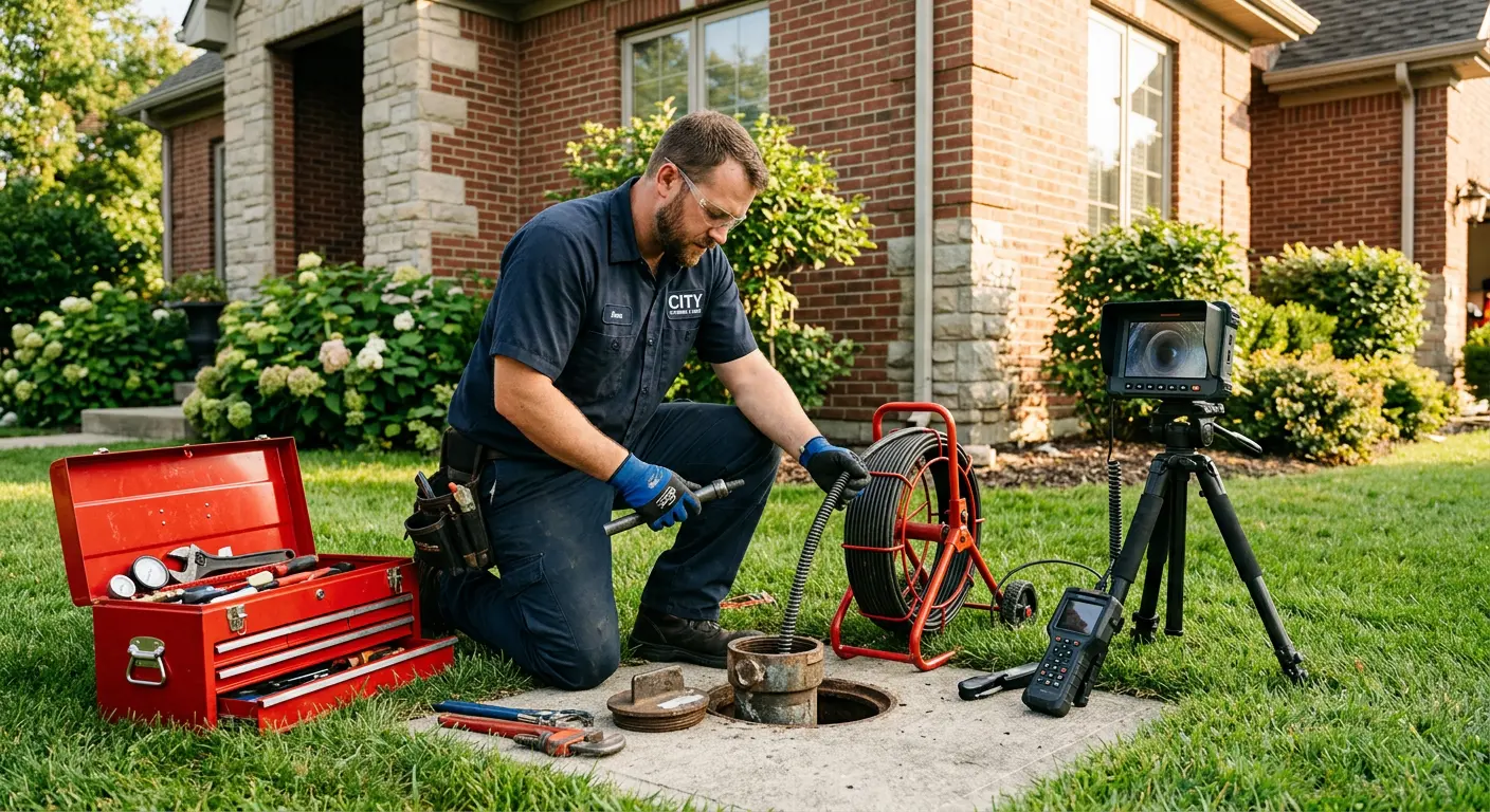 Sewer specialist with camera equipment servicing a cleanout in North Elba