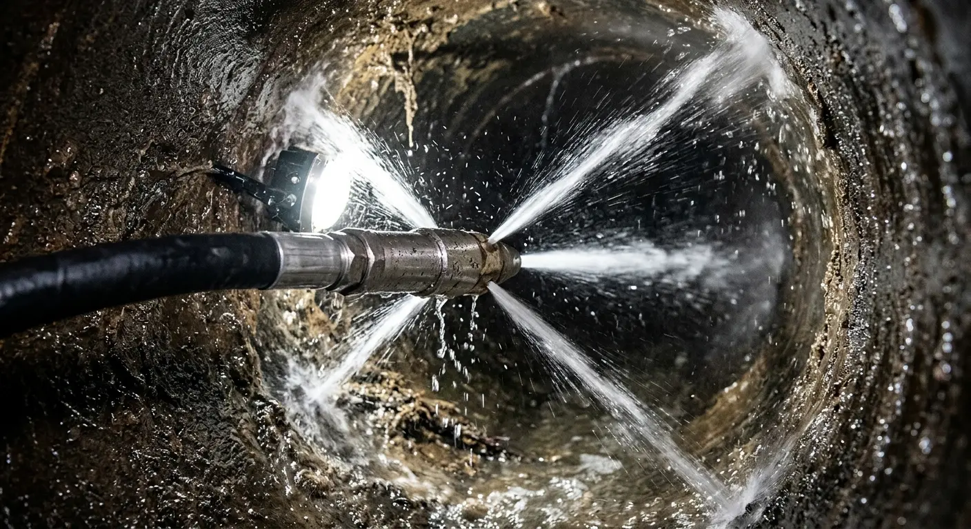 High-pressure hydro jetting nozzle cleaning sewer pipe for Emergency Drain Service in North Elba