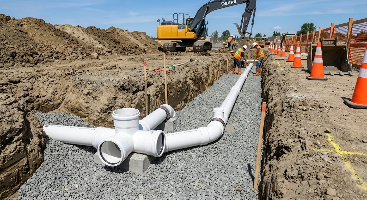 New PVC sewer pipe installation in open trench for Grease Trap Cleaning in North Elba