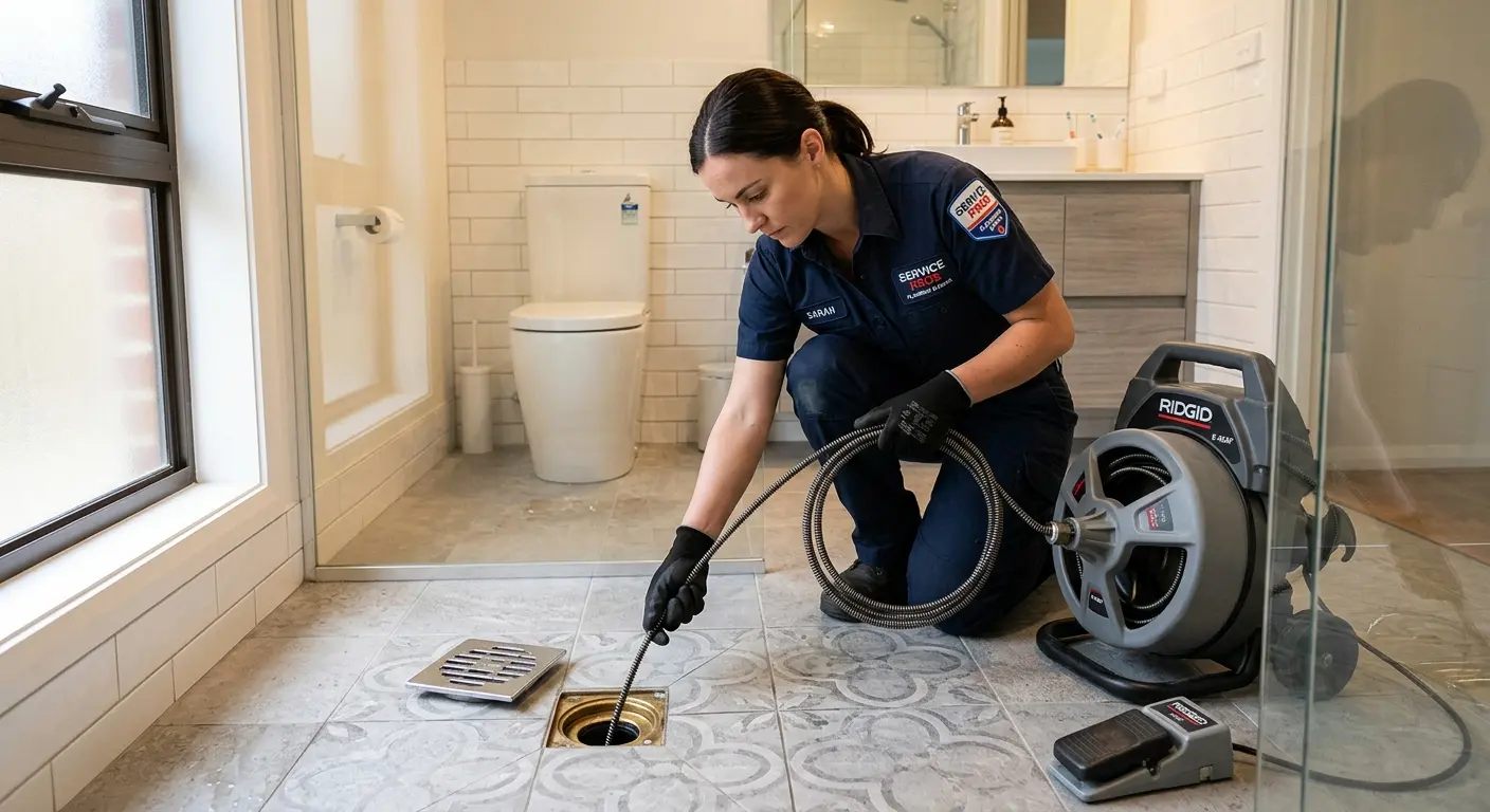 Technician clearing a bathroom floor drain for Drain Repair in North Elba